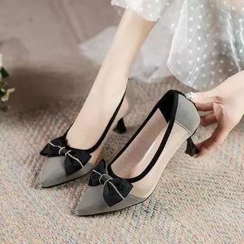 Модные сетчатые туфли на высоком каблуке с острым носком, весна-лето, туфли-лодочки, новые, с бантом, полые, дышащие, одинарные туфли, каблук 6 см, женские, когти, женские 34 бежевый