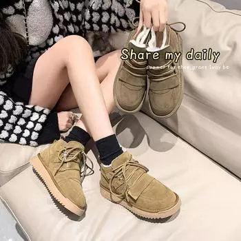 Модные северо-восточные зимние ботинки женские осенне-зимние новые стильные нескользящие толстые подошвы с бархатным утолщением антихолодные теплые хлопковые туфли 35 хаки