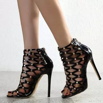 Модные сексуальные босоножки с открытым носком и заклепками на молнии для женщин 2024 года, летние туфли на высоком каблуке для выпускного вечера, модная женская обувь Tacones Para Mujer 35 чёрный