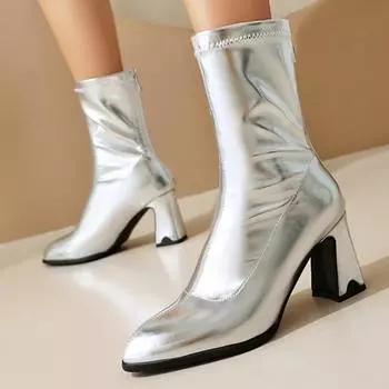 Модные сексуальные ботильоны для женщин 2024 зимние черные белые золотые серебряные короткие ботинки на высоком каблуке с молнией для вечеринок танцевальная обувь для женщин большого размера 45 34 чёрный