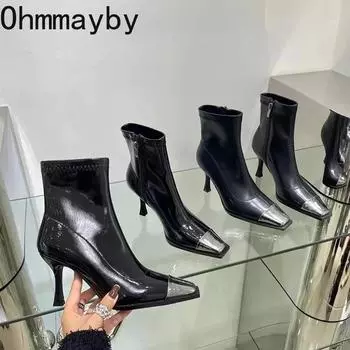 модные сексуальные ботильоны на высоком каблуке женские модные высококачественные туфли из лакированной кожи женские элегантные короткие боты 35