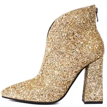 Модные сексуальные ботильоны, женская обувь, новинка 2024 года, роскошные короткие сапоги с пайетками, золотисто-серебряные, на каблуке, для танцев, свадебные туфли, женские, большого размера 44 34 золотой