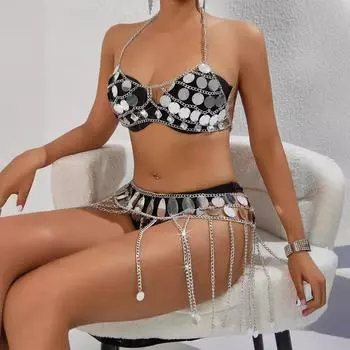 Модные сексуальные бусины драгоценные камни сращивание бахрома цепь бикини грудь цепь юбка комплект боди цепь секс одежда S