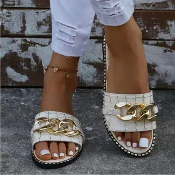 Модные сексуальные цепочные замки, однотонные, большого размера, 2024, летние, новые, стильные, римские, плоские, женские тапочки, женские сандалии 35 белый