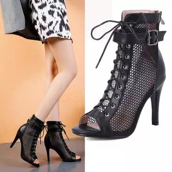 Модные сексуальные девушки женщины латинские танцевальные туфли на шнуровке сетчатые дышащие высокие танцевальные сапоги на каблуке 9,5 см 34 чёрный