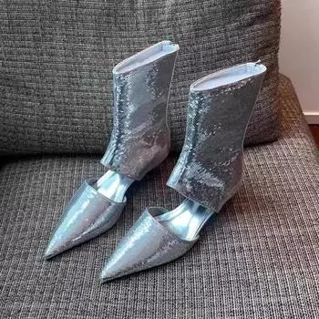 модные сексуальные дизайнерские крутые ботинки с острым носком, босоножки на среднем каблуке, женские блестящие туфли до середины голени, осень 2024, новые туфли-лодочки, ботинки челси, женская обувь 35 чёрный