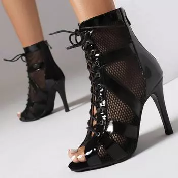 Модные сексуальные дышащие танцевальные сапоги на тонком высоком каблуке для женщин и девочек, сандалии на молнии с открытым носком 34 чёрный