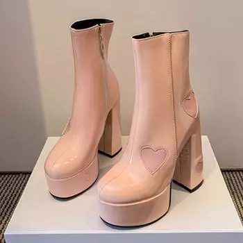 Модные сексуальные квадратные носки на толстом каблуке короткие сапоги для женщин толстая подошва водонепроницаемая платформа черные высокие каблуки Love Stitching Party Goth сапоги 34 белый