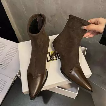 модные сексуальные леопардовые ботильоны с острым носком женские ботинки на среднем каблуке туфли 2025 года зимние новые элегантные туфли челси трендовые туфли-лодочки на молнии Botas Mujer 35 чёрный