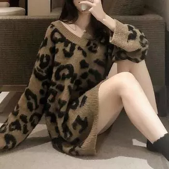 Модные сексуальные леопардовые трикотажные свитера, женские осенне-зимние пуловеры с v-образным вырезом, вязаный свитер, женские повседневные свободные джемперы, топы 29990 S хаки
