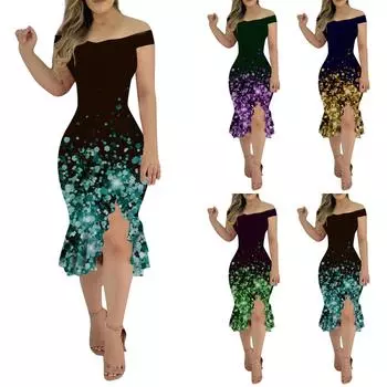 Модные сексуальные летние платья с открытыми плечами и короткими рукавами и оборками и пайетками для женщин L золотой