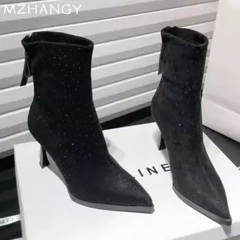 модные сексуальные остроносые ботильоны из замши с кристаллами, элегантные туфли на высоком каблуке для женщин 2025 года, трендовые роскошные туфли-лодочки для вечеринок, новые туфли-лодочки Chelsea Botas Mujer 35 чёрный