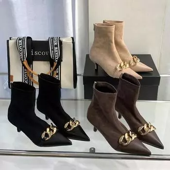 Модные сексуальные остроносые тонкие низкие каблуки современные ботинки для женщин осенняя мода украшения из металлической цепи кожаные бархатные ботильоны 35 абрикосовый