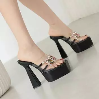 Модные сексуальные прозрачные ПВХ тапочки на платформе с широким ремешком, женская обувь 2024 года, шлепанцы с квадратной головкой и толстыми каблуками Jelly Rome Sandal 35 чёрный