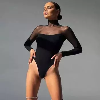 Модные сексуальные прозрачные сетчатые женские боди с длинным рукавом, обтягивающие комбинезоны в стиле пэчворк, новые элегантные облегающие комбинезоны для женщин с высокой талией, повседневные женские 2450 S чёрный