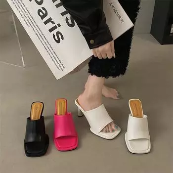 модные сексуальные розово-красные туфли на высоком каблуке 2024 года, летняя женская обувь с квадратным носком, однотонные босоножки, шлепанцы с открытым носком и круглым каблуком, пантуфли женские 35 чёрный