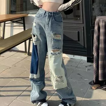 Модные сексуальные рваные женские джинсы контрастного цвета, прямые широкие джинсы для женщин, свободные брюки в стиле хип-хоп, уличные повседневные джинсовые брюки Lady 24252 S синий