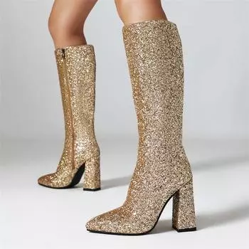 Модные сексуальные сапоги до колена, женские модные роскошные сапоги на молнии, золотисто-серебряные, с длинными каблуками, осенне-зимняя обувь для женщин, большого размера 34 золотой