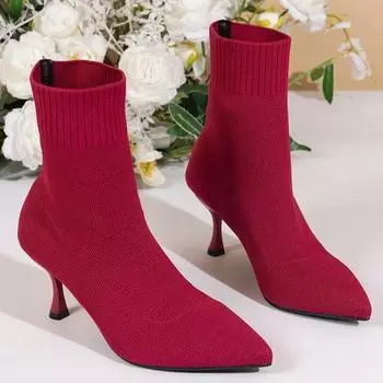 Модные сексуальные сапоги-носки, вязаные эластичные сапоги на высоком каблуке для женщин, модная обувь, весна-осень, ботильоны на шпильке, женский размер 42 36 арбуз красный
