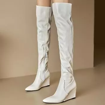 Модные сексуальные сапоги выше колена на танкетке, женские каблуки с острым носком, высокие сапоги до бедра, длинные современные сапоги, женская обувь, черно-белая обувь на танкетке 34 чёрный