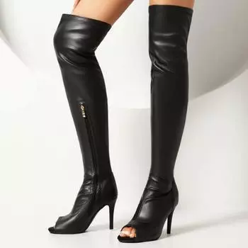 Модные сексуальные сапоги выше колена с открытым носком, женские эластичные красные, белые, черные, на каблуках, длинные сапоги для ночного клуба, танцевальная обувь для вечеринок, женские, большие размеры 34 чёрный
