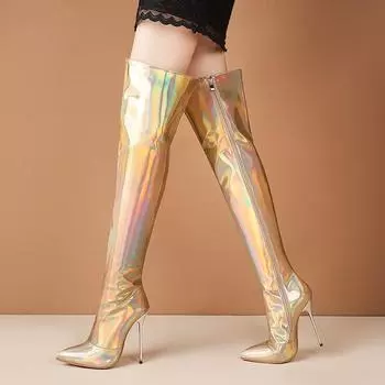 Модные сексуальные сапоги выше колена, ультра-золотые, красные, на каблуках, фетиш-сапоги для стриптиза, женские, лакированные, для вечеринок в ночном клубе, женские, большой размер 45 34 золотой