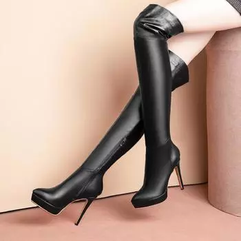 Модные сексуальные сапоги выше колена, женские сексуальные зимние модные тонкие высокие каблуки на платформе, черные белые длинные туфли, женские, большого размера 48 34 чёрный