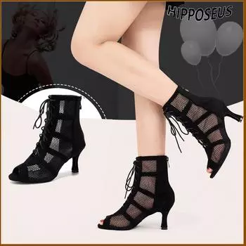 Девушки Женщины Сексуальные Латинские Танцевальные Туфли На Шнуровке Сетчатые Дышащие Высокие Танцевальные Сапоги Каблук 7,5 СМ 34 чёрный