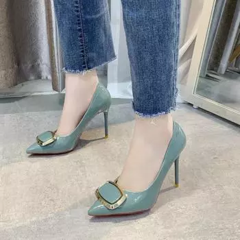 Модные сексуальные туфли из лакированной кожи на высоком каблуке для женщин 2024 года, новый стиль, универсальные туфли с тонким острым носком, профессиональные туфли для банкетов 34 чёрный