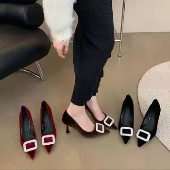 модные сексуальные туфли-лодочки для вечеринок женские туфли-лодочки на плоской подошве без застежки со стразами туфли на тонком высоком каблуке черные коричневые красные модные офисные туфли женские 35-39 5.5 чёрный