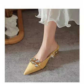 Модные сексуальные туфли-мюли на высоком каблуке, женские кожаные тапочки на подошве, женские блестящие хрустальные туфли на платформе с острым носком из металла Chian, 2024 г. 35 жёлтый