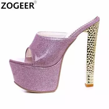 Модные сексуальные туфли-мюли, женские сандалии, экстремально высокие каблуки 16 см, тапочки, роскошная летняя обувь на платформе, женские шлепанцы, шлепанцы, большой размер 34 серебряный