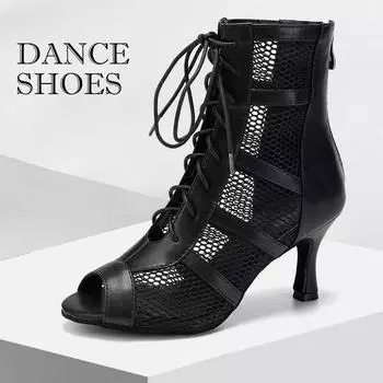 Девушки Женщины Сексуальные Латинские Танцевальные Туфли На Шнуровке Сетчатые Дышащие Высокие Танцевальные Сапоги Каблук 7,5 СМ 34 чёрный