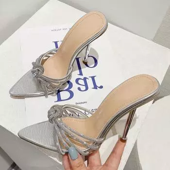 Модные сексуальные туфли на высоком каблуке для женщин, летние модные туфли CRYSTAL с узким ремешком и острым носком, туфли для стриптиза, сандалии на каблуках-мюлях 35 чёрный