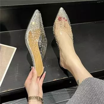 модные сексуальные туфли со стразами женские туфли новые летние туфли женские туфли на тонком среднем каблуке мюли женские модные прозрачные туфли на каблуках женские 35 золотой