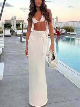 Модные сексуальные вязаные комплекты с аппликацией, пляжные комплекты с цветочным рисунком Y2k, летние винтажные женские наряды, эстетические милые шикарные комплекты с открытой спиной и кисточками S бежевый