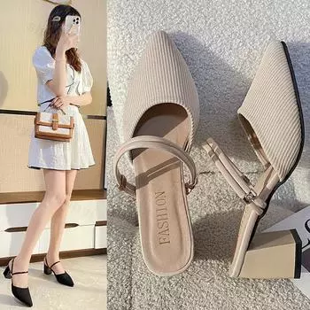 Модные сексуальные вязаные женские босоножки с острым носком, сплошные летние туфли на толстом каблуке для женщин, удобные туфли Zapatillas Mujer 34 бежевый