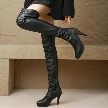 Модные сексуальные высокие сапоги до бедра для женщин, осень-зима, эластичные сапоги выше колена для женщин, черные, белые, на каблуках, фетиш, длинные туфли, большой размер 34 чёрный