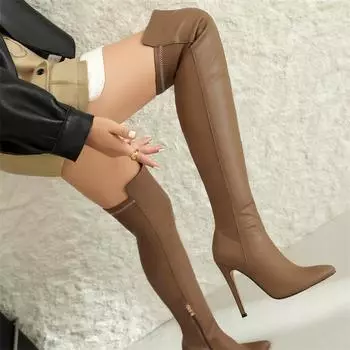 Модные сексуальные высокие сапоги до бедра для женщин, осень-зима, эластичные сапоги выше колена для женщин, черные каблуки, фетиш, длинные туфли, большой размер 34 бежевый