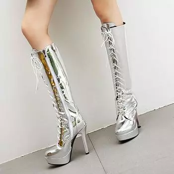 Модные сексуальные высокие сапоги до колена, женская обувь, на платформе, с принтом, кожаные высокие сапоги для женщин, серебристые, осенне-зимние, вечерние, длинные сапоги, женская обувь 34