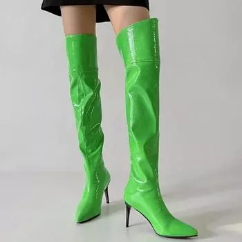 Модные сексуальные высокие сапоги женские зимние кожаные сапоги выше колена женские зеленые белые черные каблуки фетиш вечерние длинные туфли большого размера 34 чёрный