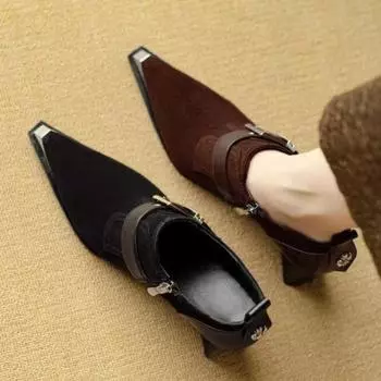модные сексуальные заостренные женские туфли на высоком каблуке из замши элегантные офисные туфли на толстой подошве 2025 года новые готические туфли-лодочки челси Zapatos Mujer 35 чёрный