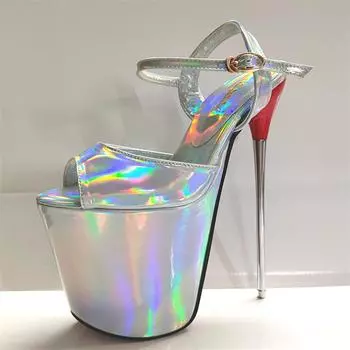 Модные сексуальные женские босоножки на лето 22 см на шпильках, фетиш-туфли для стриптиза, танцевальная обувь, роскошные туфли на платформе, экстремально высокие каблуки, серебристо-розовая обувь 34 зелёный