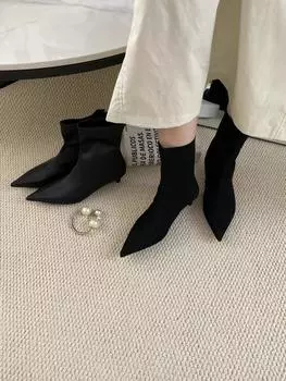 модные сексуальные женские ботильоны Chelsea Botas черные лайкра/флок модные короткие ботинки молния сзади туфли на среднем каблуке 3 см туфли-лодочки для вечеринок размер 35-39 5.5