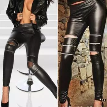 Модные сексуальные женские брюки из искусственной кожи, эластичные облегающие брюки-леггинсы на молнии до колена, черные M чёрный