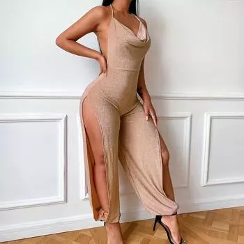 Модные сексуальные женские комбинезоны без рукавов с высоким разрезом, с открытой спиной и высокой талией, комбинезон с широкими штанинами для женщин, элегантные облегающие комбинезоны, одежда 2442 S синий