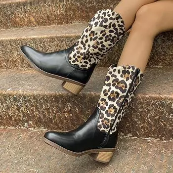 модные сексуальные женские леопардовые сапоги с острым носком до середины голени из искусственной кожи с толстым каблуком в стиле пэчворк, размер плюс 43, осенне-зимняя женская обувь для подиума 36
