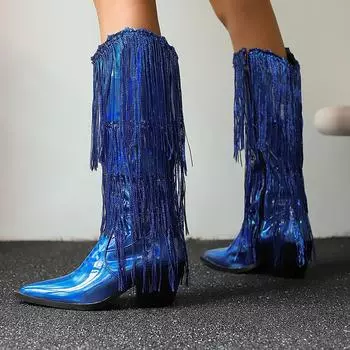 Модные сексуальные женские сапоги до колена с бахромой, с острым носком, на высоком каблуке, с молнией и кисточками, большой размер 44 45, вечерние сапоги на осень-зиму 6