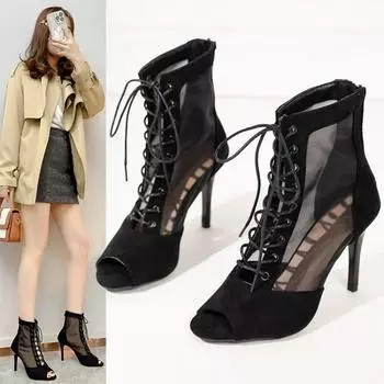 Модные сексуальные женские туфли на шпильках, обувь для латинских танцев, бальные ботинки для танго, сальсы, ботинки на шнуровке с мягкой подошвой, сетчатые ботинки для вечеринок 9 см 36 чёрный