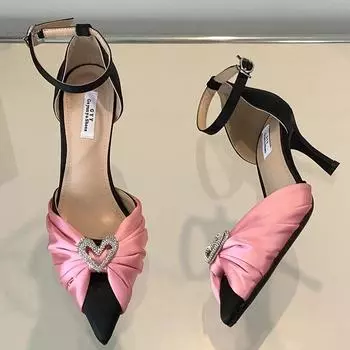 Модные шелковые туфли на высоком каблуке с острым носком, женские летние босоножки на высоком каблуке с украшением в виде сердца и стразами, женские туфли-лодочки на тонком каблуке 35 розовый